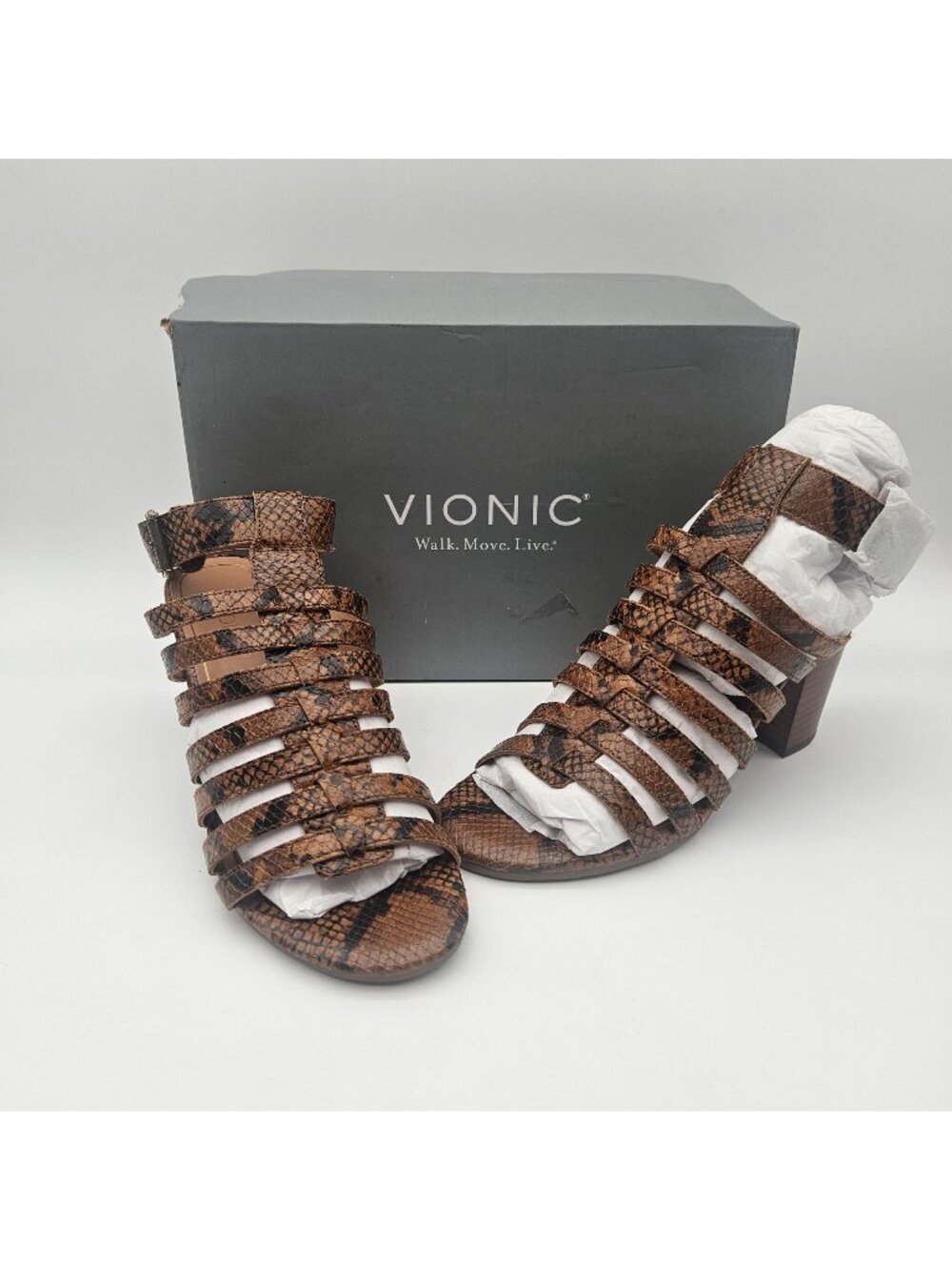 Vionic Sami Boa Espresso Brown Snakeskin Print Strappy Sandals Womens Sz 7.5 NIB